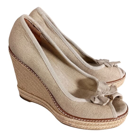 Tory Burch Jackie Espadrille Wedge Sandal Shoe Bow Peep Toe Beige Canvas 8.5 B - Picture 1 of 11
